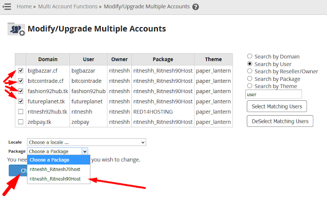 change package of multiple cpanel account in bulk in whm - redserverhost.com