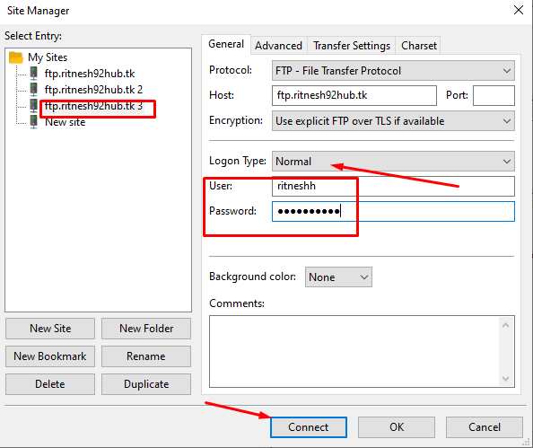 how to auto run a site in site manager using filezilla