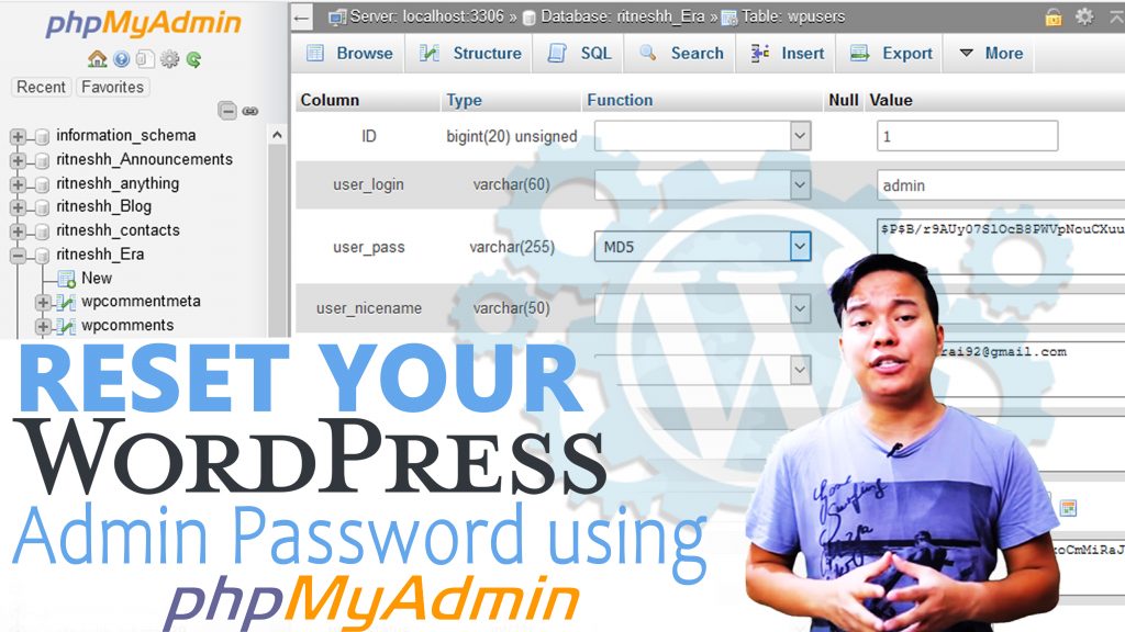 How to reset your Wordpress admin password via PHPmyAdmin