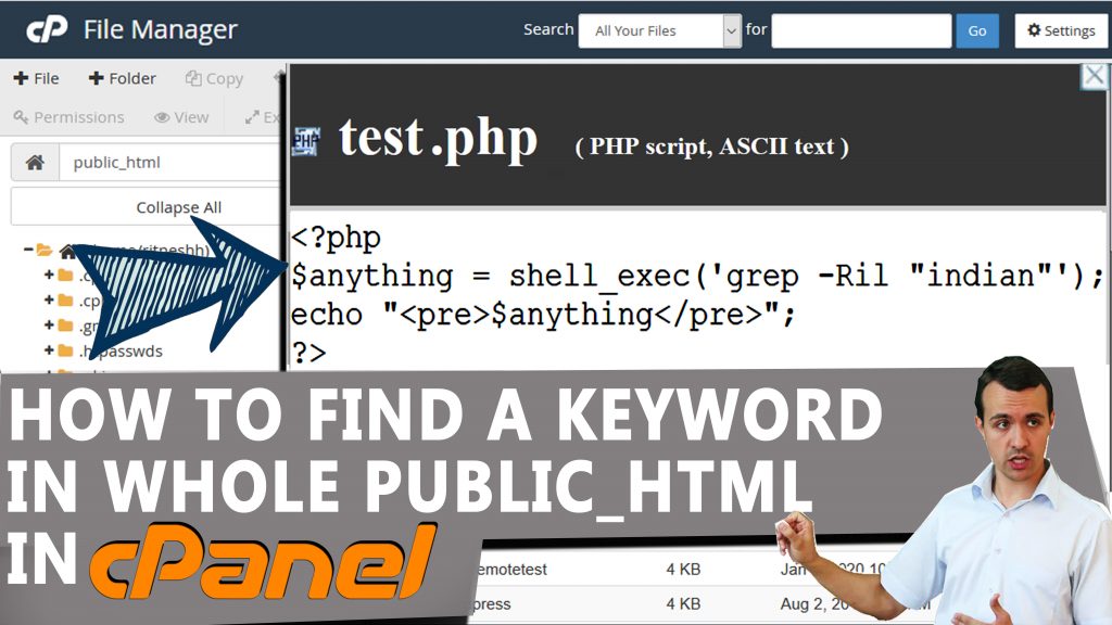 How to Find a keyword under whole public html via cPanel user level access