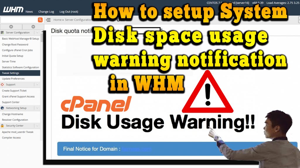 How to setup System disk space usage warning notification in WHM