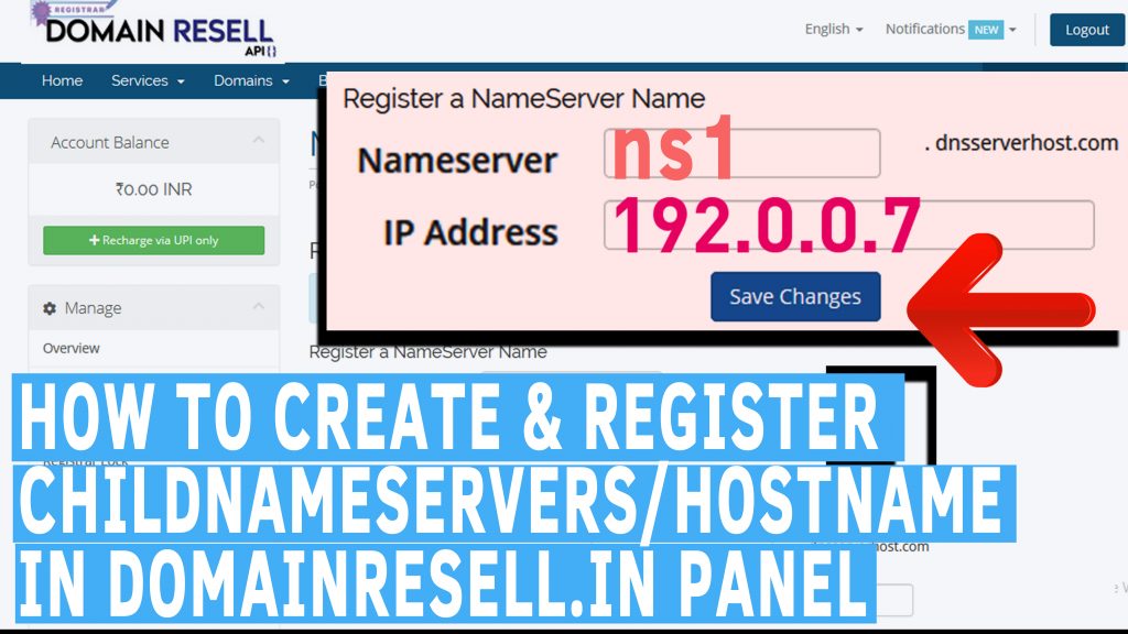 how to create and register child nameservers/hostname in domainresell.in panel