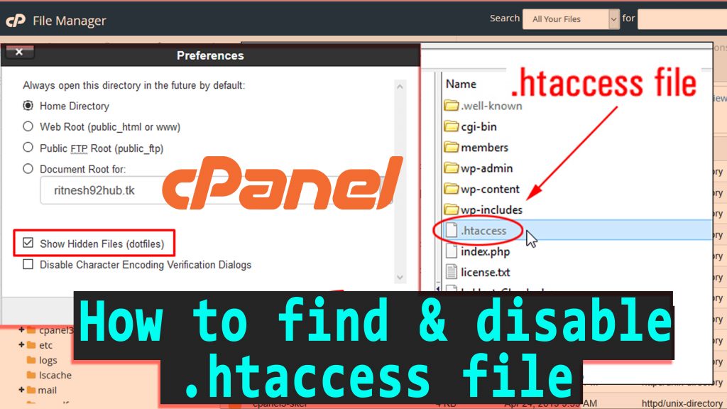 How to find .htaccess file in cPanel and then disable it