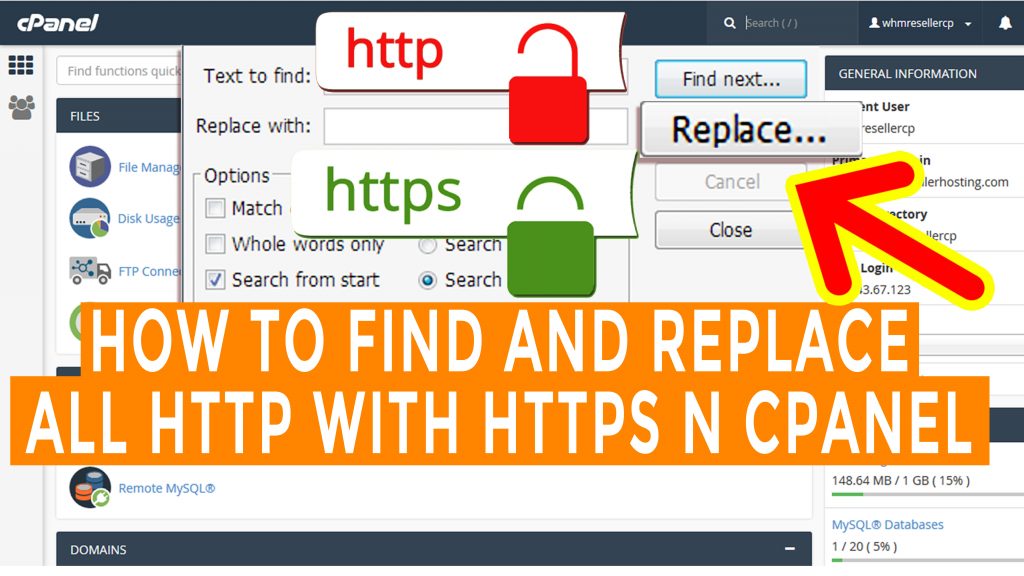 How to find and replace all http with https in cpanel