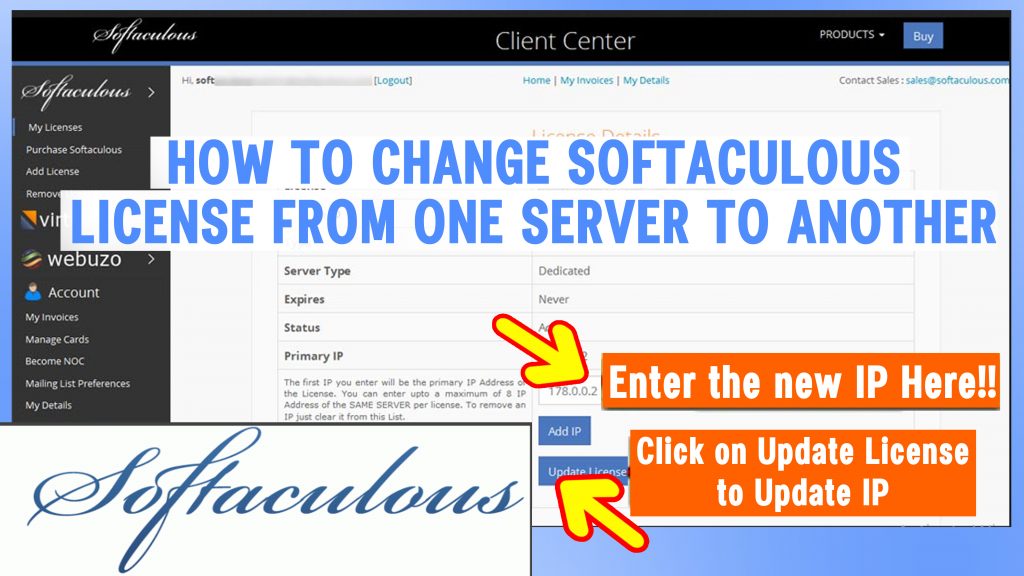 how to change the softaculous license's IP after server migration
