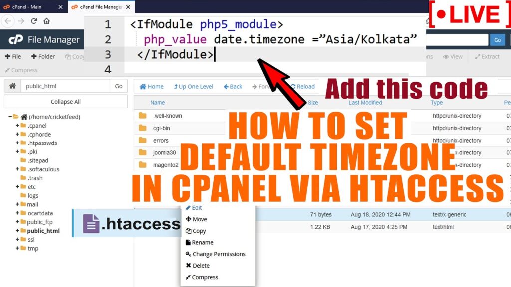 How to set default Timezone via htaccess in cPanel