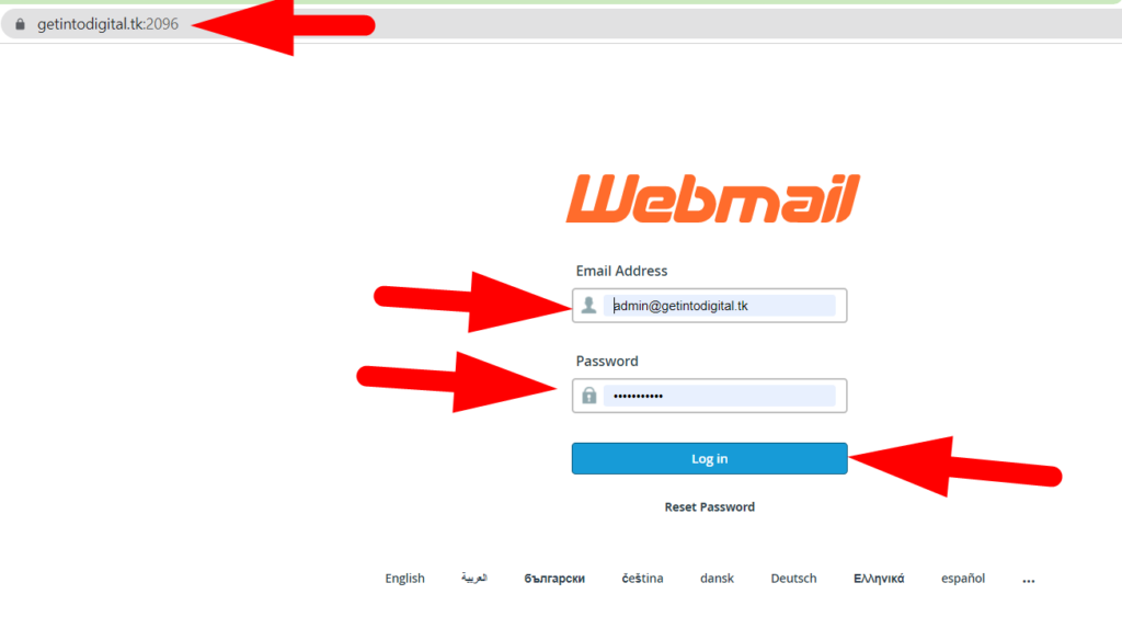 Log in to the Webmail