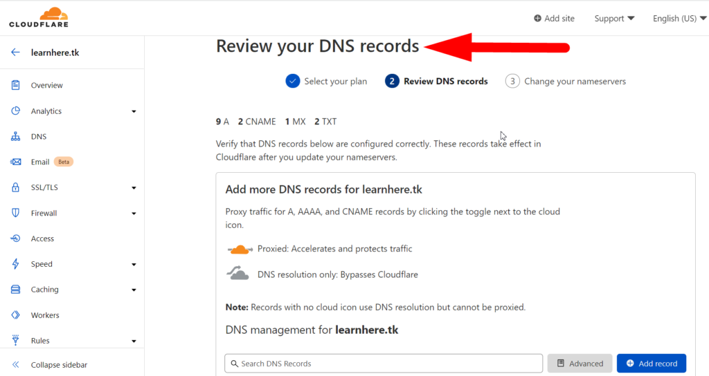 Review dns records in cloudflare - redserverhost