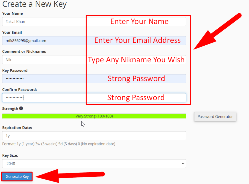 Create a New Key By Filling In The Details