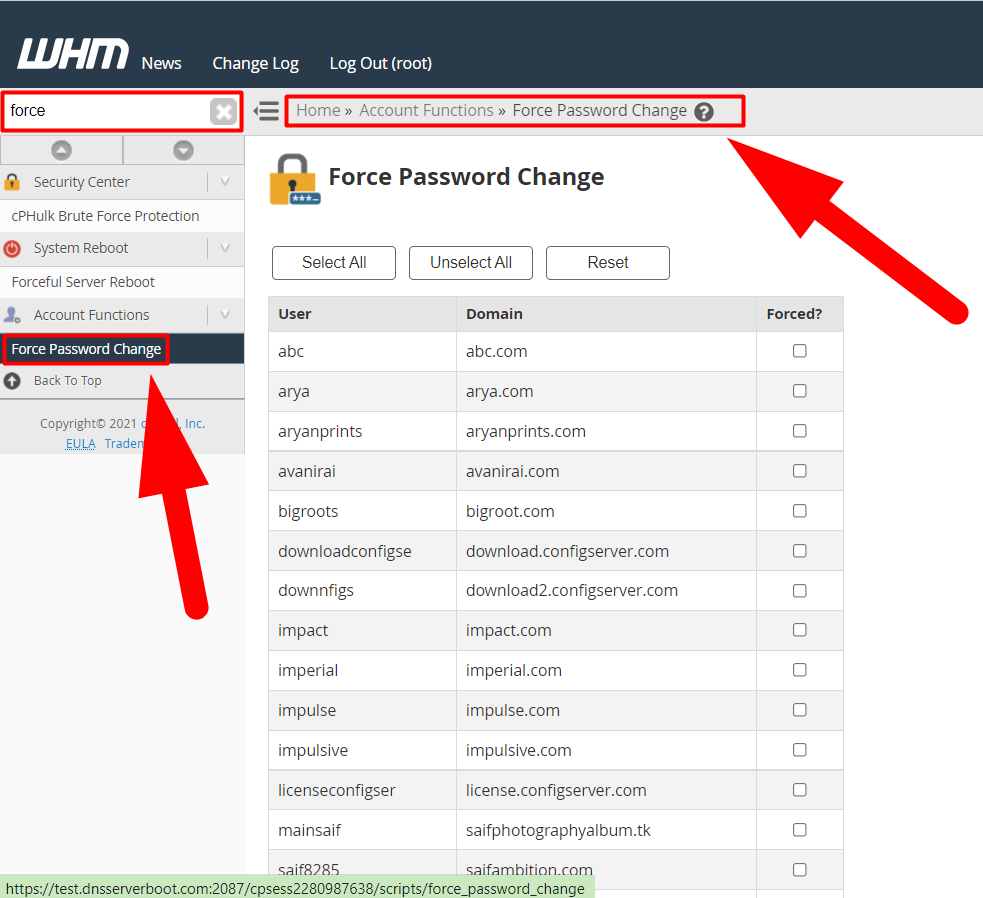 Force Password Change in WHM