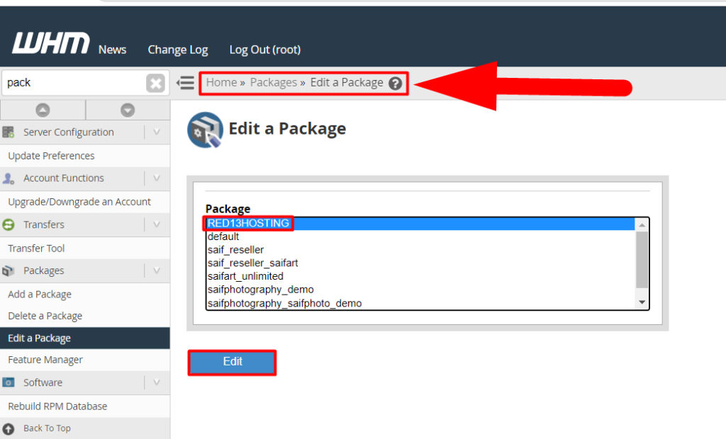 Navigate to the Edit Packages Section
