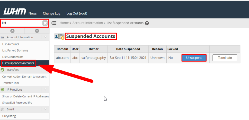 Unsuspend a cPanel account from WHM