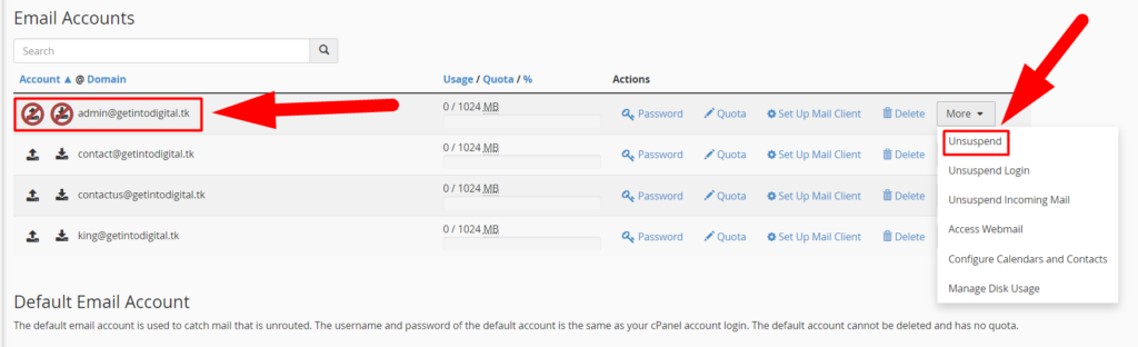 Unsuspend an Email Account in cPanel